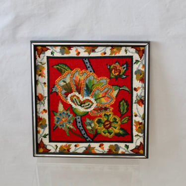 Vintage Mid-Century Psychedelic Vibrant Flowers Needlepoint 