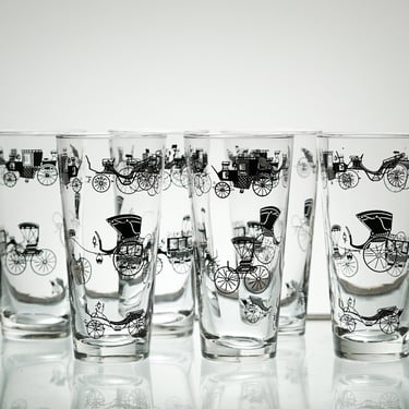 High Ball Cocktail Glass set of 6, Vintage Glassware VTG Bar, Mid Century Mad Men MCM, Carriage Pattern Gold Accents  Vintage Glassware 