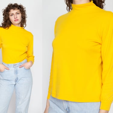 Small 70s Yellow Mockneck Top | Vintage Plain Long Sleeve Stretchy Shirt 