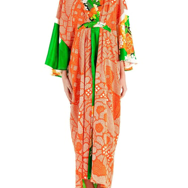 Morphew Collection Green  Orange Japanese Kimono Silk Kaftan 