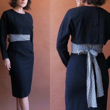 Vintage Black Wiggle Dress with Plaid Waist Band/ Size XS Small 