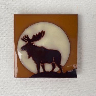 Vintage 80's Moose Wall Hanging, Hand Painted Art Tile, Small Trivet, 3-1/2