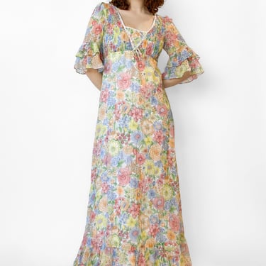 1970s Pastel Floral Prairie Maxi Dress, sz. M