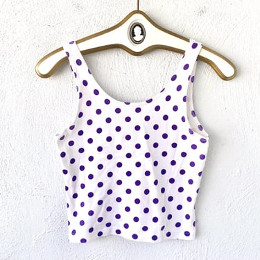 Vintage 80s 90s Polka Dotted Tank Top White Purple 1980s 1990s Crop Shirt 