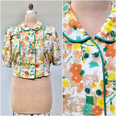Vintage 1950s Floral Rayon Blouse, Mid Century Puffed Sleeve Top, 44" Bust Volup Size 14W-16W 