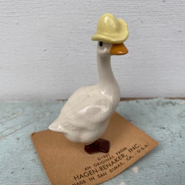 Vintage Hagen-Renaker Goose With Yellow Hat, White Goose Figurine, San Dimas, California,  With Original Card 