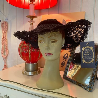 vintage 1940s wide brim hat black crochet open crown 40s fashion saucer platter 