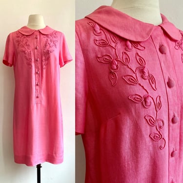 Vintage 60s Lane Bryant MOD LINEN Dress / Hot PINK + 3D Embroidered Detail + Peter Pan Collar 