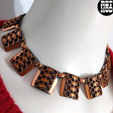 Modernist Vintage 70s Copper Geometric Short Statement Necklace 