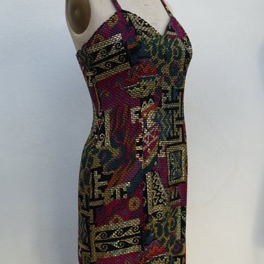 1980's Designer Dress / Metallic Mosaic Swirl Print / Semi Sheer / Red Carpet Dress / Open Strappy Back Dress / Sexy Body Con Dress 