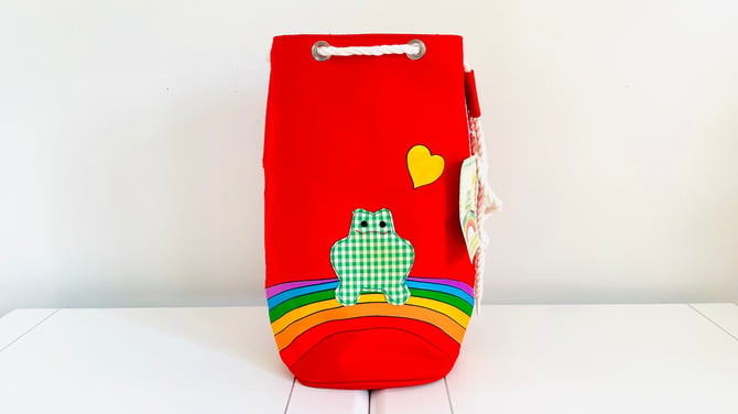 Vintage 1980s Retro Rainbow NOS Red Canvas Tote Bag Rope Handle Green Gingham Taiwan Le Frog 