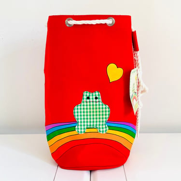 Vintage 1980s Retro Rainbow NOS Red Canvas Tote Bag Rope Handle Green Gingham Taiwan Le Frog 