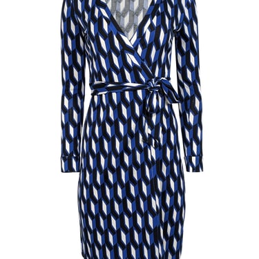 Diane von Furstenberg - Blue, White, & Black Geometric Printed Wrap Dress Sz 0