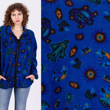 90s Fleece Alien UFO Print Jacket - Men's Large, Women's XL | Vintage REI Soft Blue Oversize Zip Up Sweatshirt 