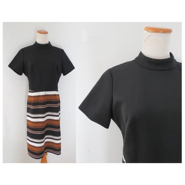 Vintage 60s Mod Dress - Short Sleeve 1960s Striped Print - Black White Brown - Size Large 