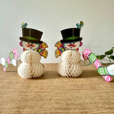 Vintage Beistle Christmas Honeycomb Standup Snowman and Red Bell - Set of 3 