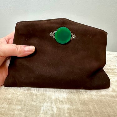 VTG rare 1930’s buttery soft suede clutch purse Art deco design~ chocolate brown emerald green cabochon glass gem marcasite 