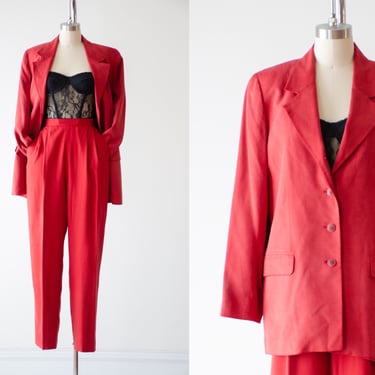 red silk suit | 90s vintage Charter Club dark academia high waisted pants blazer 2 piece suit set 
