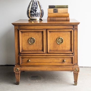 Mid Century Wood Nightstand Cabinet Vintage Fruitwood Small Cabinet MCM Furniture Brass Accents Cupboard Bedroom End Table Side Table 