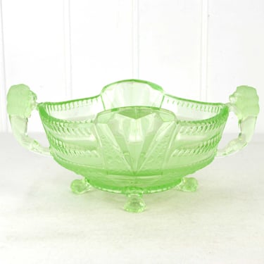 seltene Brockwitz Uranglas Fruchtschale mit Löwen Griffe Fußschale 1941 Pressglas 40er Art Deco Design Vintage Design Servierschale Schale 