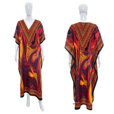 1990's Red and Multicolor Funky Abstract Print Kaftan Size OS