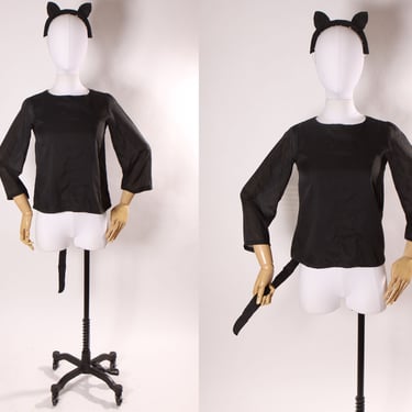 1970s Black Cat Long Sleeve Blouse with Cat Ear Headband Halloween Costume -S 