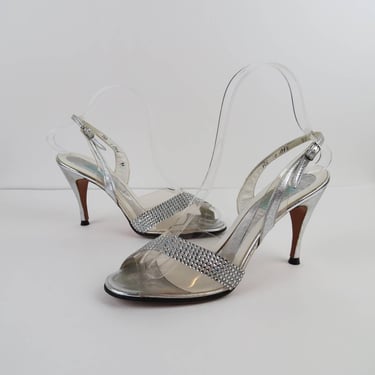 Vintage 1970s silver metallic leather and rhinestone heels, slingback, peep toe, disco, evening, cocktail 
