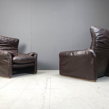 Pair of early Maralunga armchairs by Vico Magistretti for Cassina, 1973 - vintage maralunga sofa - brown leather maralunga sofa 