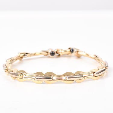 Vintage 14K Italian Two-Tone Gold Bracelet with Black Onyx Spring Clasp, Estate Two-Tone Gold Chain Link Bracelet, 7 1/4 inches 