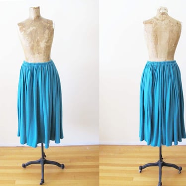 Vintage 80s Teal Blue Jersey Full Pleated Skirt Elastic Waist S M  - 1980s Solid Color Midi Skirt 