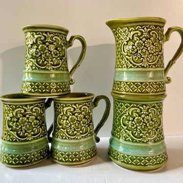 Vintage 1970s Majolica Coffee Tea Service Pieces, Avocado Olive Green, Italia Italy Japan 