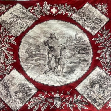Antique 19th C Bandana Kerchief Handkerchief Figural Turkey Red Story Print VTG