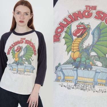 1981 Rolling Stones Band T Shirt / 80s Raglan Dragon Concert Tee / Vintage Rock Jersey Navy 50 50 T Shirt 