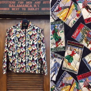 Vintage 1980’s Ski Postcard Quilted Jacket, 80’s Ski Jacket, 80’s Quilted Jacket, Novelty Print, Vintage Clothing 