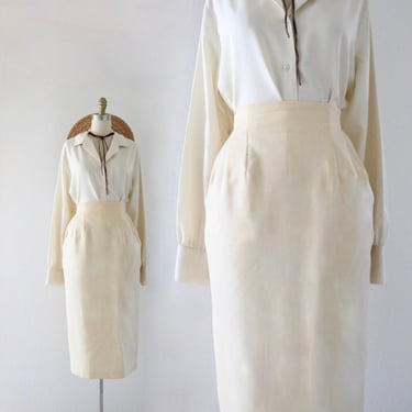 high waist wool skirt - 27 - vintage 90s ivory cream buttercream straight size small midi womens skirt with pockets 