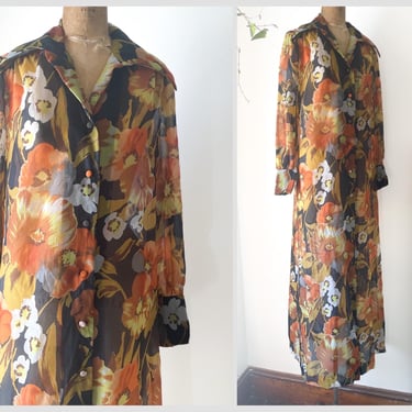 Vintage 1970’s sheer chiffon duster, 70s floral print robe | boho duster, vintage dressing gown, floral print S/M 