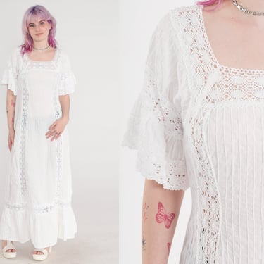 70s Mexican Dress White Mexican Wedding Crochet LACE Pintuck Sheer Bell Sleeve Maxi Boho Hippie Vintage Bohemian Cotton Extra Small xs 