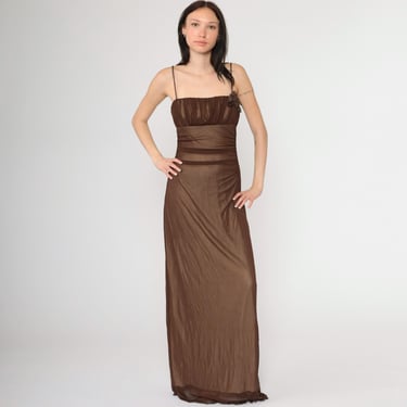 Y2K Sheer Brown Mesh Dress Vintage Formal Maxi Floral Appliqué Spaghetti Strap Ruched Bust Party Empire Waist Sleeveless Medium 8 