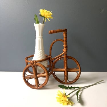 Rattan tricycle plant pot holder - decorative miniature - 1970s vintage 