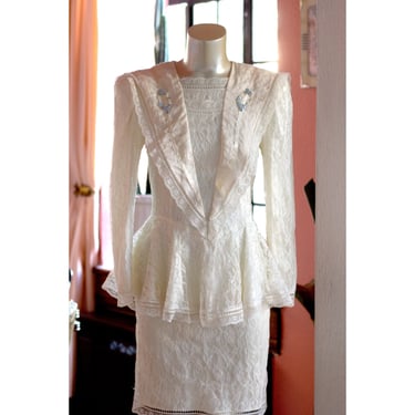 Vintage Gunne Sax Peplum Lace Dress - 1980s-Does-1930s - White Lace, Floral 