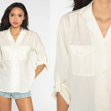 80s Button Up Blouse Off-White Cargo Pocket Shirt Military Inspired 1980s Notched Collar Cuffed Sleeves Cream Vintage Plain Minimalist Large 