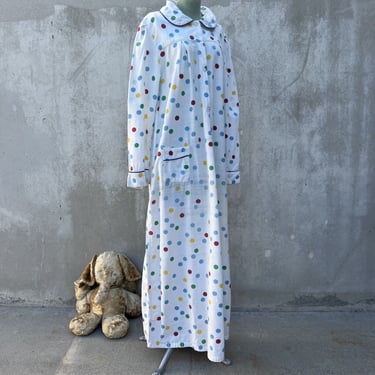 Vintage 1930s Colorful Polka Dot Print Flannel Nightgown Dress Maxi Rainbow 40s