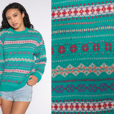 Pendleton Sweater 80s Turquoise Wool Sweater Fair Isle Pullover Sweater Geometric Statement Knit Vintage Country Traditionals Large L 