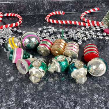 Vintage Shiny Brite Shapes Ornaments, Mixed Dozen Barrel Lantern, Carriage Lantern w/Crystal Rims, Spinning Top, Crystal Bell, Striped Balls 