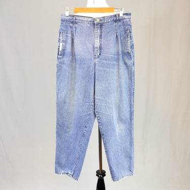 80s Gitano Jeans - 33" waist - Pleated Distressed Striped Blue Denim Pants - High Rise Waisted - Vintage 1980s - 28" inseam Short 