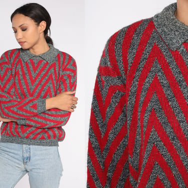 80s Collared Sweater Red Grey Chevron Striped Sweater Retro Knit Pullover Bohemian Preppy Hippie Boho Zig Zag Nerd Vintage 1980s Mens Small 