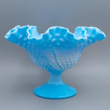 Fenton Hobnail Blue Marble 10" Footed Bowl | Vintage 1970s Slag Art Glass Decor 
