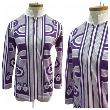 Vintage VTG 1960s 60s Mod Purple White Patterned High Neck Blouse Top 