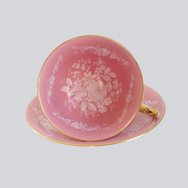 Vintage Pink Tea Cup and Saucer, Aynsley Teacup with White Bridal Rose Pattern 