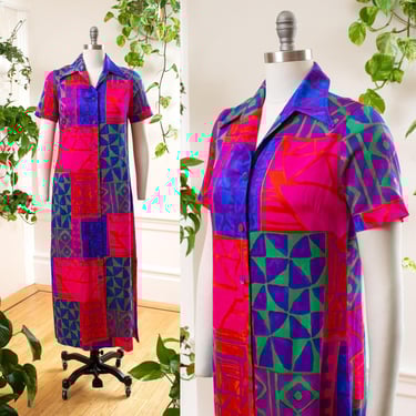 Vintage 1960s 1970s Shirt Dress | 60s 70s Psychedelic Hawaiian Geometric Cotton Hot Pink Blue Shirtwaist Maxi Hostess Gown | small/medium 